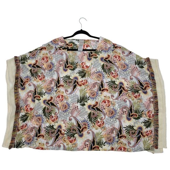 Chico's Multi-Print Poncho Top Blouse S/M Multicolor Oversized Fringed Boho - Picture 4 of 15